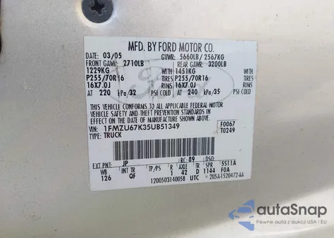 2005 Ford Explorer Sport Trac Adrenalin/Xls/Xlt from USA, damaged, VIN 1FMZU67K35UB51349